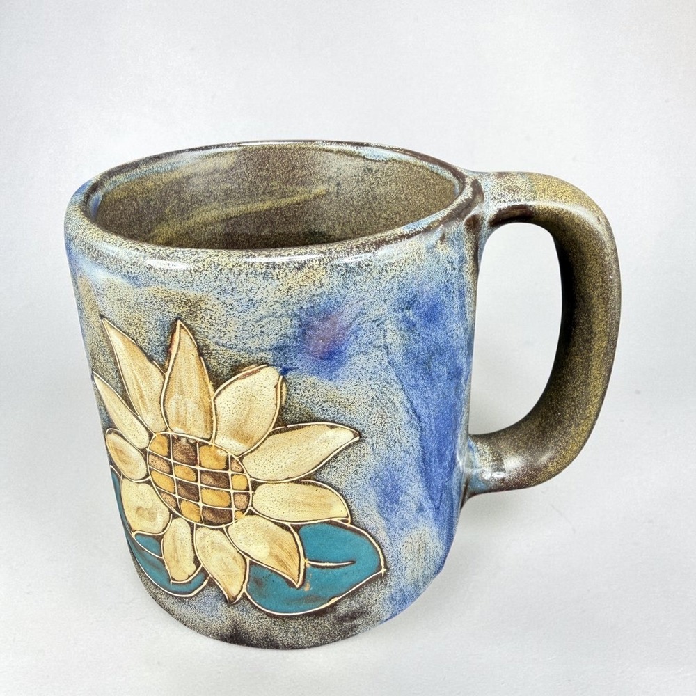 Mara Pottery Mexico Sunflower Mug Cup Handmade Heavy Stoneware Blue Tan Signed